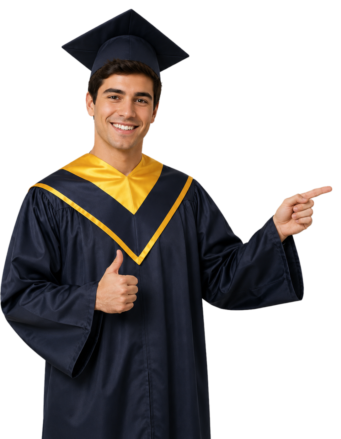 Estudiante graduado señalando los pasos del proceso